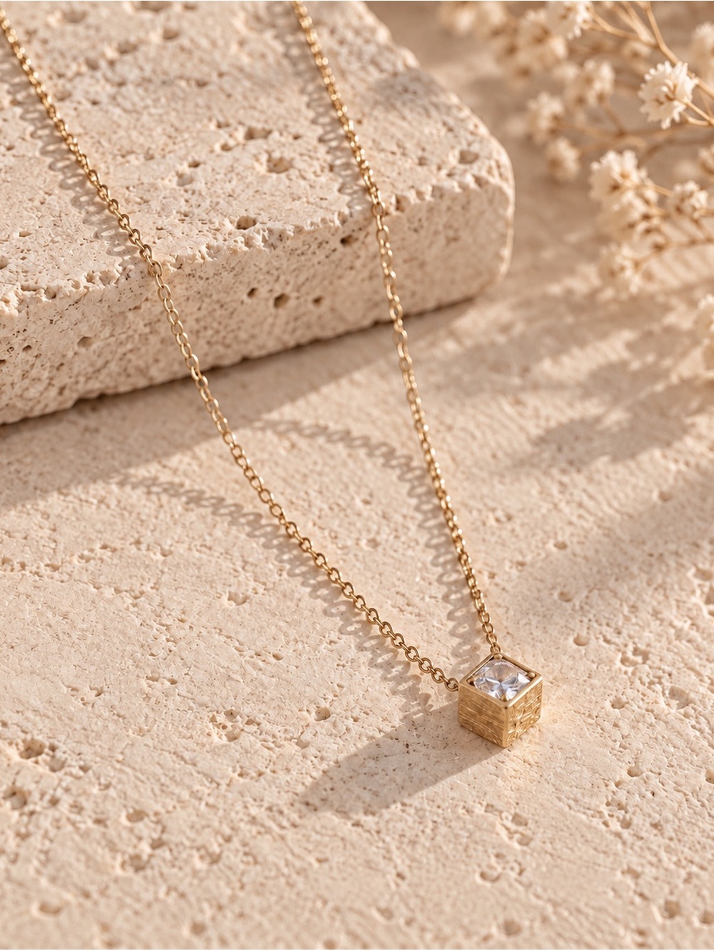 Anthropologie Gold Cube Pendant Necklace with Clear Stone